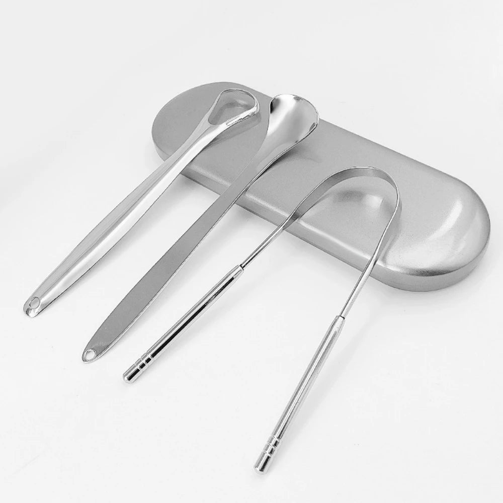 Tongue Cleaner with Travel Handy Case Stainless Steel Tongue Scraper Metal Brush Dental Oral Care Kit Fresh Breath Tool Adult